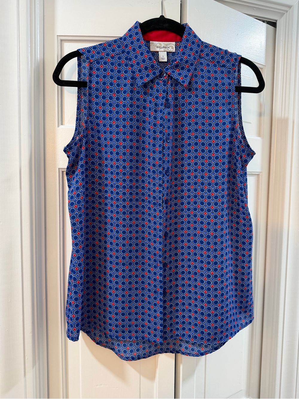 dressbarn Blue Sleeveless Collared Geometric Print Camisole